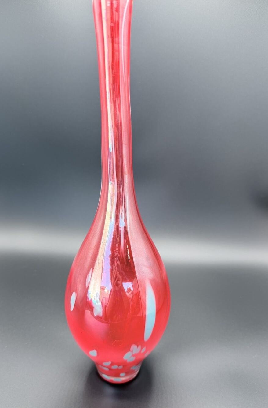 Vintage Red Swung Art Glass Vase Blue Applied Dots MCM Blown Glass 15.5”